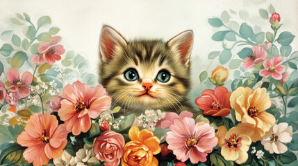  Vintage Valentine-themed kitten illustration in 1950s-1970s greeting card style, perfect for classic cat ephemera lovers