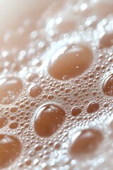 Poster - Macro photography of water droplets on brown surface creating abstract pattern with bokeh effect and light reflections. Natural phenomenon showing surface tension.