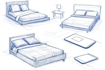 Aufkleber - Technical sketch of modern bed designs showcasing innovative furniture concepts, minimalistic aesthetics, and ergonomic sleeping solutions for contemporary interiors, Generative AI
