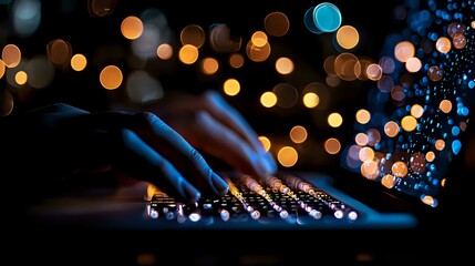 Poster - Illuminated computer keyboard with blurred bokeh lights creating magical atmosphere, close-up shot in dark environment with blue and orange glowing circles.