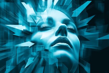 Poster - Futuristic digital artwork of a human face surrounded by abstract blue structures, symbolizing AI, cyber technology, and the future of digital consciousness, Generative AI