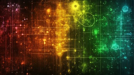 Poster - digital circuits with colorful light particles and connected lines abstract composition.