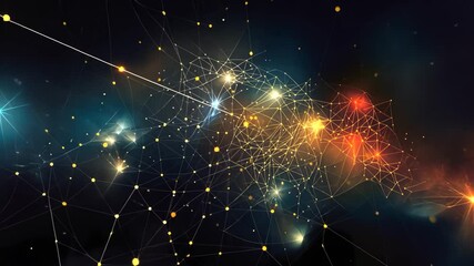 Poster - An abstract representation of a digital constellation connecting data points illuminated against a dark backdrop, symbolizing the vastness of information in the universe at night