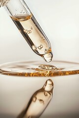 Poster - Macro shot of golden liquid with air bubbles dropping from glass pipette into liquid surface creating reflection and splash effect against light background.