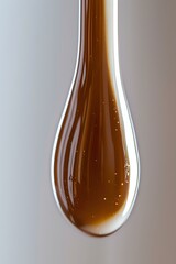 Poster - Macro shot of golden honey or syrup drop forming teardrop shape with tiny air bubbles against light background, showing viscous liquid texture and natural amber color.