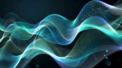 Fototapete - Dynamic digital wave wallpaper showcasing flowing patterns in vibrant blue and green tones against a sleek black background, creating a modern and visually striking atmosphere for any digital setting