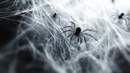 Spiders crawling intricate web, dark background, Halloween
