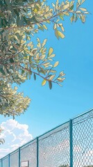 Wall Mural - Outdoor fence under trees, sunny day, peaceful scene