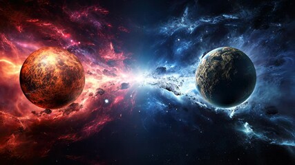 Poster - A stunning interplay of a vibrant red planet and a serene blue Earth amid a cosmic backdrop, showcasing the beauty of space at twilight