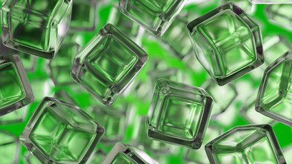 Poster - Background with transparent cubes. Abstract backdrop. Transparent cubes on green. Wallpaper for advertising. Background for website design. Volumetric cubes float in air. Texture, pattern. 3d image