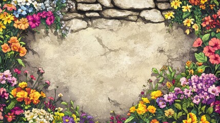 Wall Mural - Colorful flowers adorn a stone wall with copy space