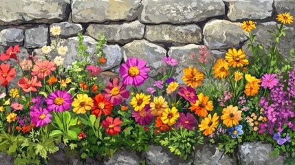 Wall Mural - Colorful zinnias and other flowers grow against a stone wall