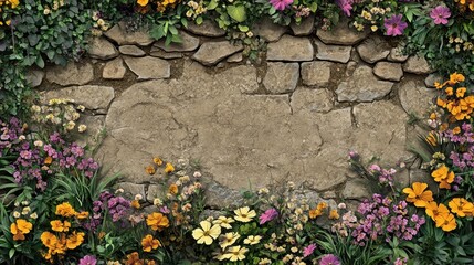 Wall Mural - Stone wall adorned with colorful flowers and climbing vines