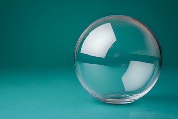 Poster - Clear glass sphere on turquoise background with light reflections, showing transparency and minimalist composition for modern design and creative concepts.