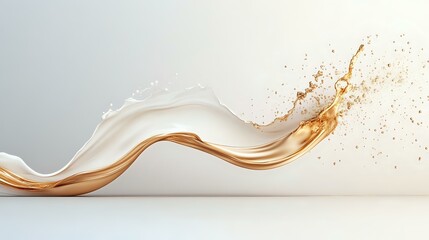 Poster - Flowing white milk and caramel liquid waves collide creating dynamic splash with droplets on light background, abstract food photography for advertising.