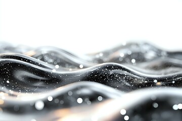 Poster - Abstract flowing waves with glowing particles and bokeh effects on dark background create dynamic motion and ethereal atmosphere in monochromatic style.