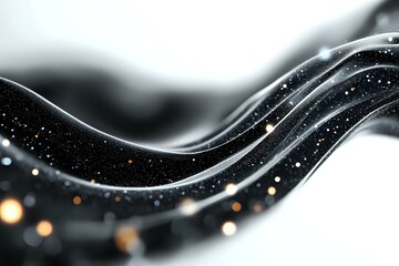 Poster - Abstract black and white wavy lines with golden bokeh lights and glitter particles creating elegant flowing motion against dark background.