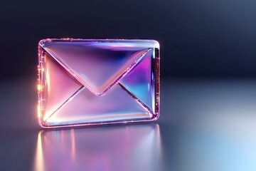 Poster - Glowing neon mail envelope icon with purple and pink gradient colors on dark background, modern digital communication concept for business and technology.