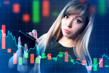 Poster - Woman investor. Financial chart near smartphone. Business woman with phone in hands. Trader monitors economic quotes. Professional investor looks at camera. Lady trades on stock exchange.