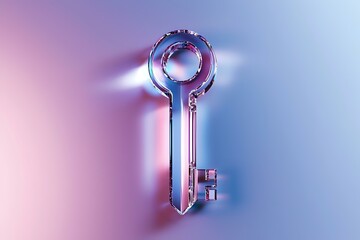 Poster - Metallic key silhouette on pink and blue gradient background with soft focus and dramatic lighting creates mysterious atmosphere for security concepts.