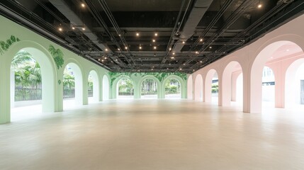 Poster - Empty Arched Hallway with Green and Pink Accents Under Black Ceilling with Lighting.