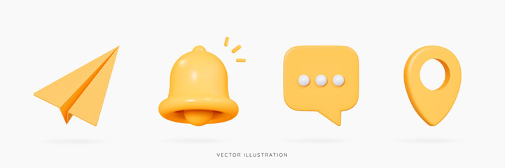 Poster - 3d social media icon set with yellow notification bell, paper airplane, speech bubble message and pi
