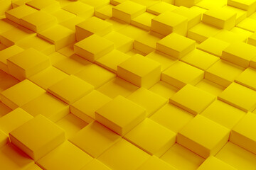 Poster - Yellow background. Geometric pattern. Three-dimensional background. Yellow cubes of different heights. Geometric background for design. Yellow pattern for advertising. Template, screensaver. 3d image