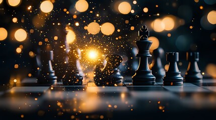 Poster - Chess pieces on dark reflective surface with magical glowing bokeh lights and sparkles creating mysterious atmosphere for strategy and competition concepts.