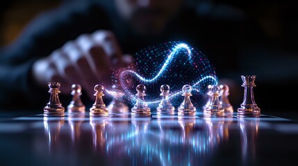 Poster - Chess pieces on dark reflective surface with glowing blue light trail creating magical atmosphere and dramatic lighting effect. Strategic game concept.