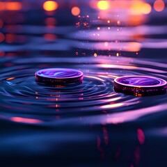 Poster - Glowing rings create ripples on dark water surface with purple and orange bokeh lights, magical atmosphere for fantasy and spiritual concepts.