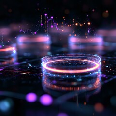 Poster - Glowing neon circles with purple and orange light effects on dark background, floating particles and bokeh create futuristic technological atmosphere.