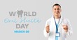 © Pixel-Shot - Dentist with tools and jaw model on light background. Banner for World Oral Health Day
