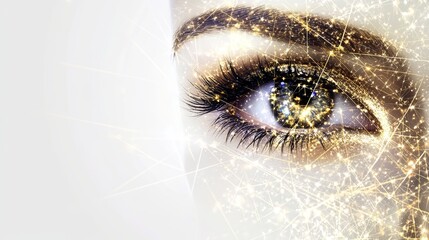 Poster - Eye Close Up With Golden Glowing Network Overlay  Detailed  Eyelashes And Eyebrow Visible.