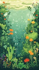 Wall Mural - A verdant garden scene with scattered colorful wildflowers