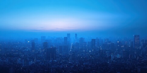City skyline bathed in blue light during early twilight