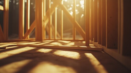 Wall Mural - Sunlight streaming through a wooden framework in a construction site, highlighting shadows and textures