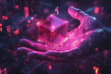 A digital hand in cyberpunk style holds a cube. Digital information and artificial intelligence