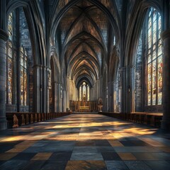 Wall Mural - Grand cathedral interior with light streaming.