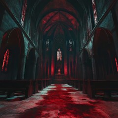 Wall Mural - Gothic church interior stained with red hue.