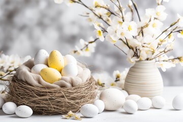 Wall Mural - easter home decor, eggs in nest, vase with blooming sakura branches, yellow color