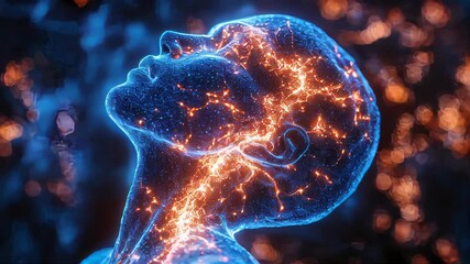Poster - a digital visualization of a human head illuminated with a glowing neural network
