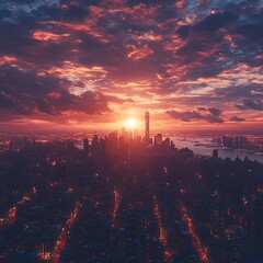 Wall Mural - Aerial skyline view sunset perspective high resolution hd photo