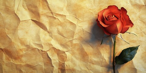 Wall Mural - A single red rose lies on a wrinkled tan paper