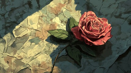 Wall Mural - A vibrant pink rose rests gracefully against a textured background