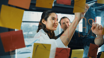 Wall Mural - Young confident businesswoman present project to expert investor. Professional project manager uses sticky notes to explain startup project, sharing brainstorming ideas to investor. Manipulator.