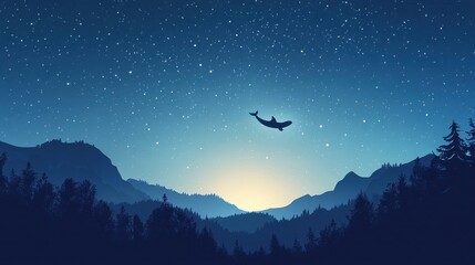 Poster - Whale silhouette swims through starlit night sky over mountains