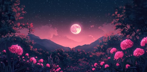 Poster - Pink full moon illuminates a flower filled mountain landscape