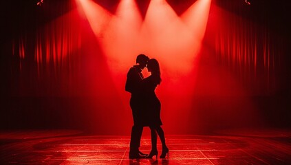 silhouetted couple embraces on a dimly lit stage, bathed in red light. a romantic and mysterious sce