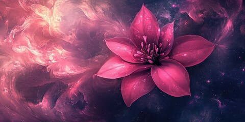 Poster - Vibrant pink flower blossoms against a mystical nebula background