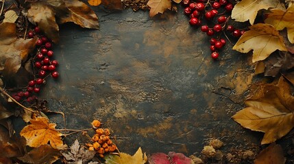 Canvas Print - Autumn leaves, berries, and acorns arranged on a dark background, forming a frame.